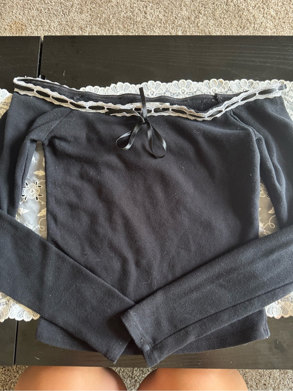 Madden Girl Black Off-the-Shoulder Sweater with White Lace Trim